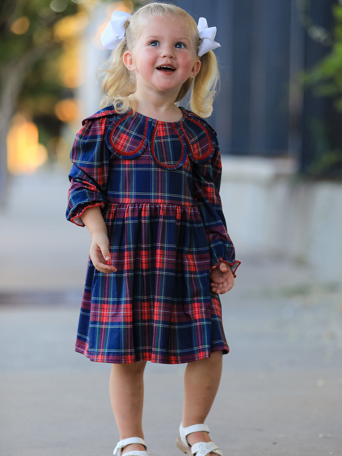 Girl plaid long-sleeve dress with petal collar, red navy green plaid, gathered skirt
