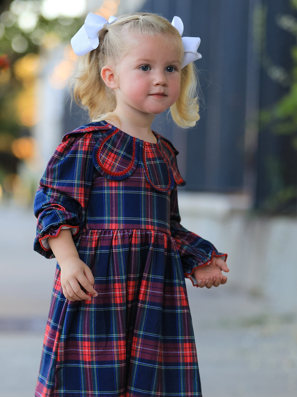 Girl plaid dress with petal collar and gathered waist, red navy green plaid