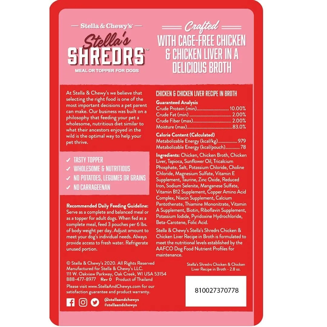 Stella & Chewy's Shredrs dog food pouch back with nutrition and ingredients panel