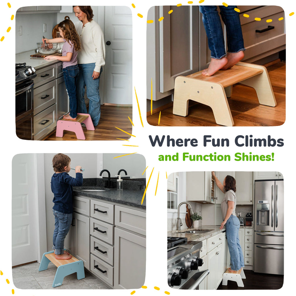 Multi-purpose kid step stool used in kitchen for reaching counters