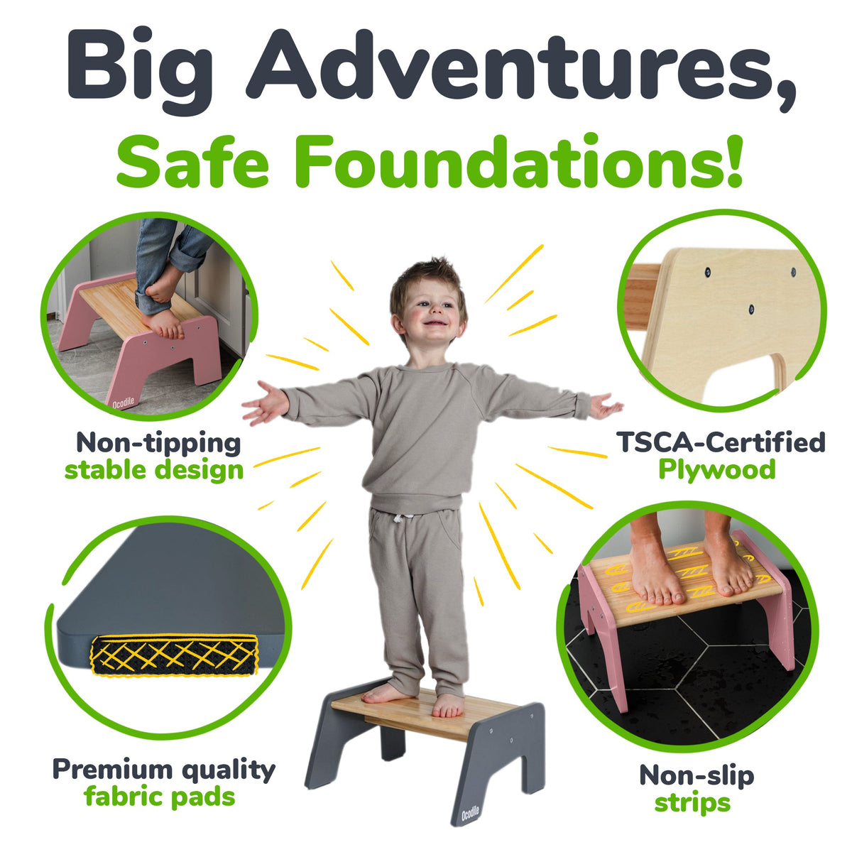 Kids wooden step stool with non-slip pads and strips, child standing safely on top