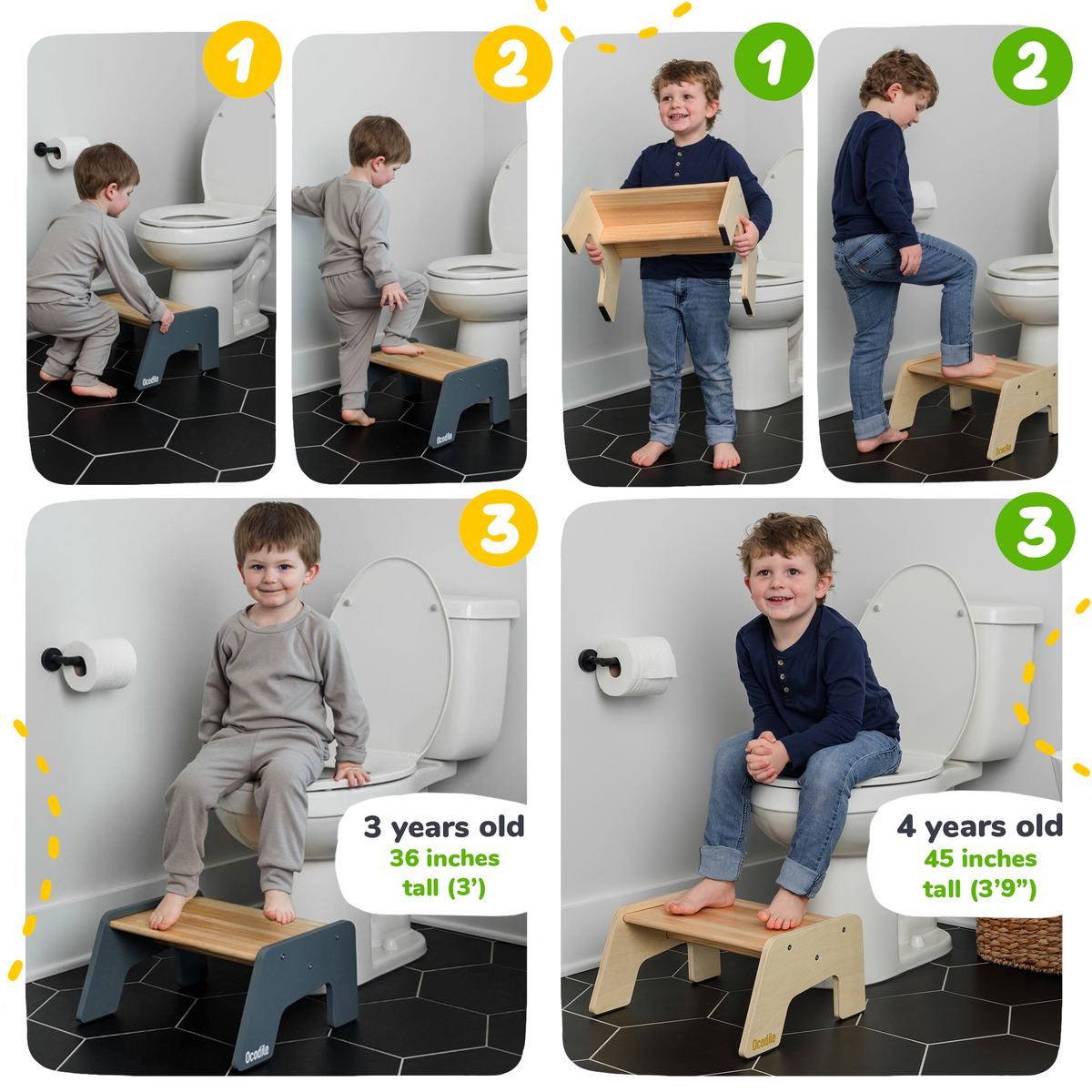 Kids wooden step stools in multiple colors, child climbing and using the top platform