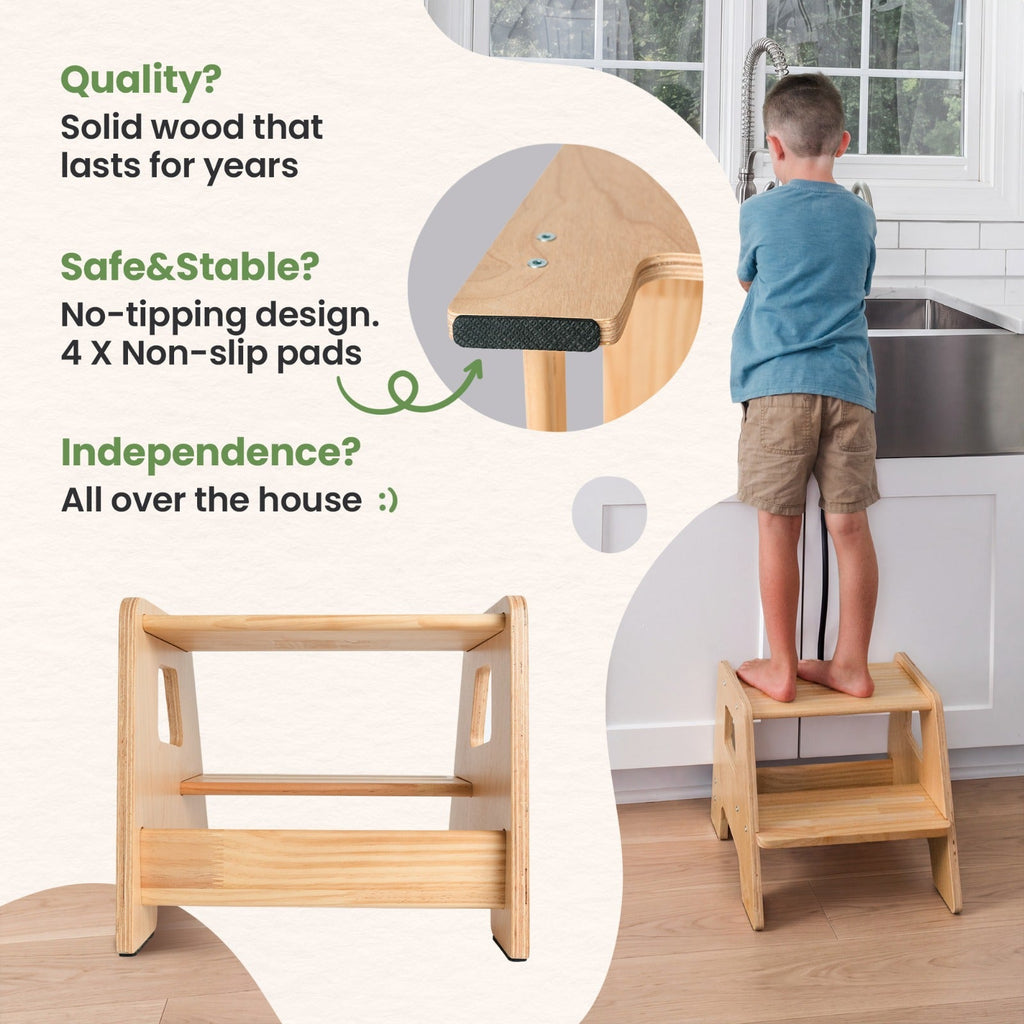 Natural wood 2-step toddler stool with wide steps, cutout hand grips, and non-slip pads
