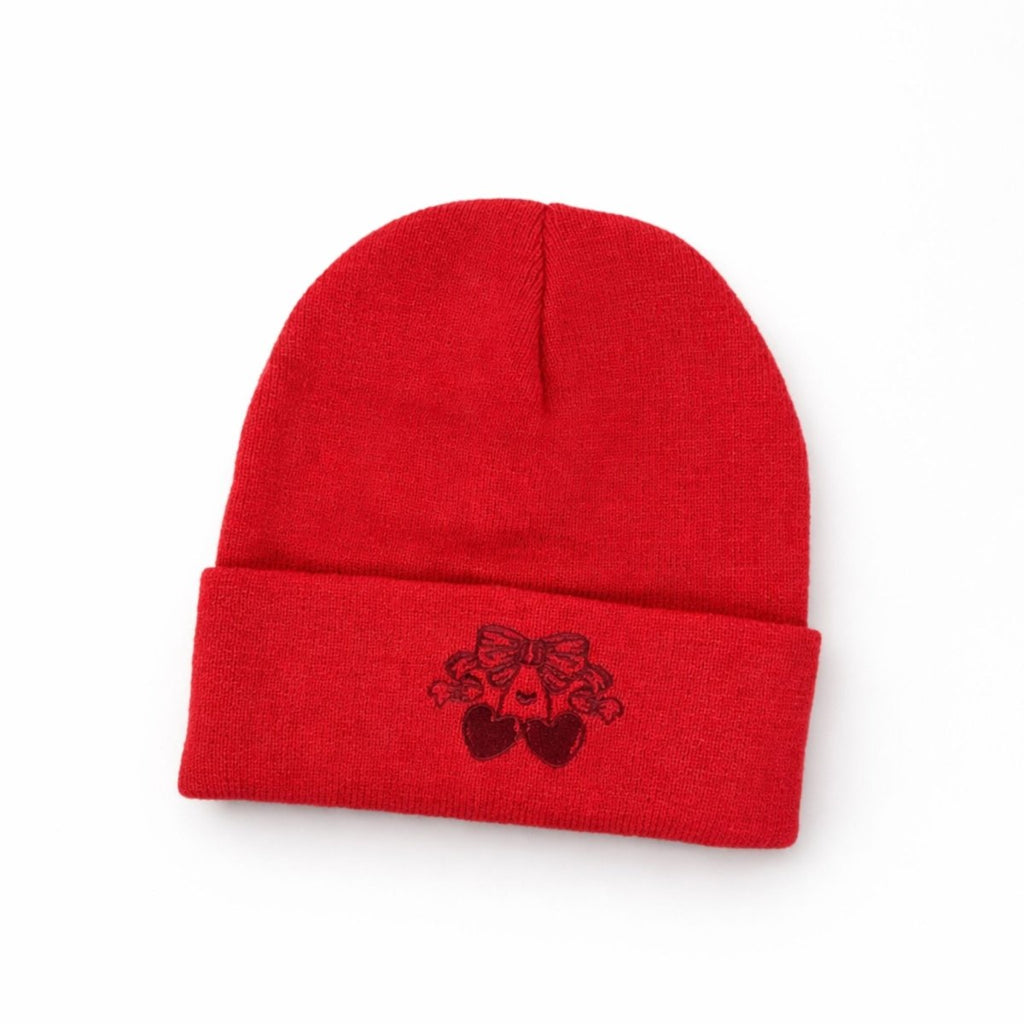 Red knit beanie with embroidered cherry bear graphic