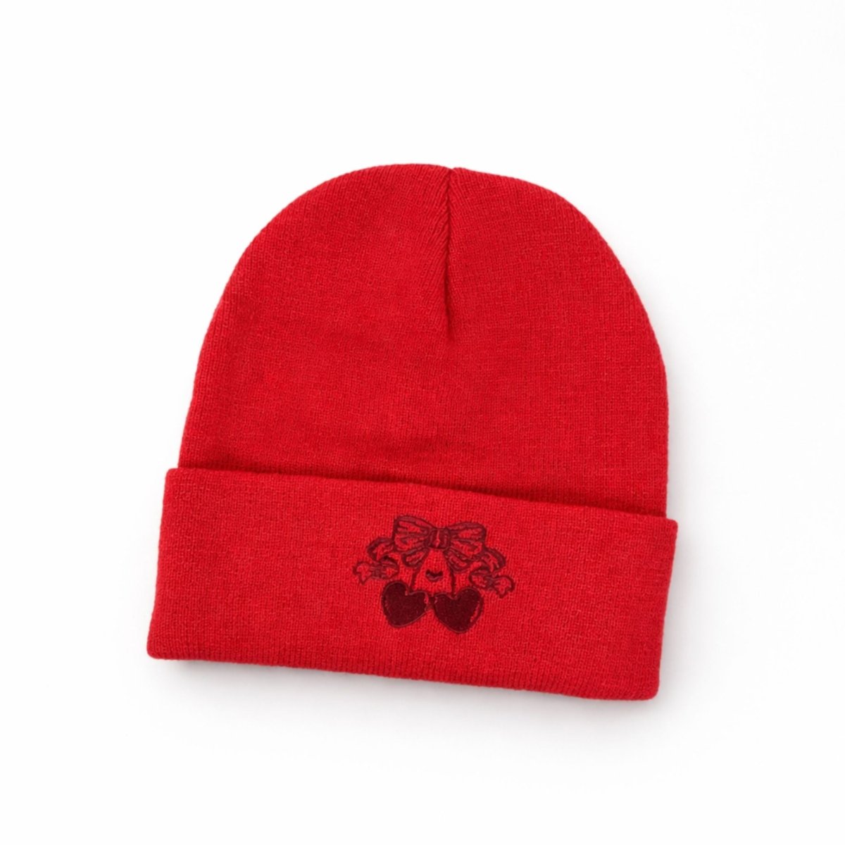 Red knit beanie with embroidered cherry bear graphic