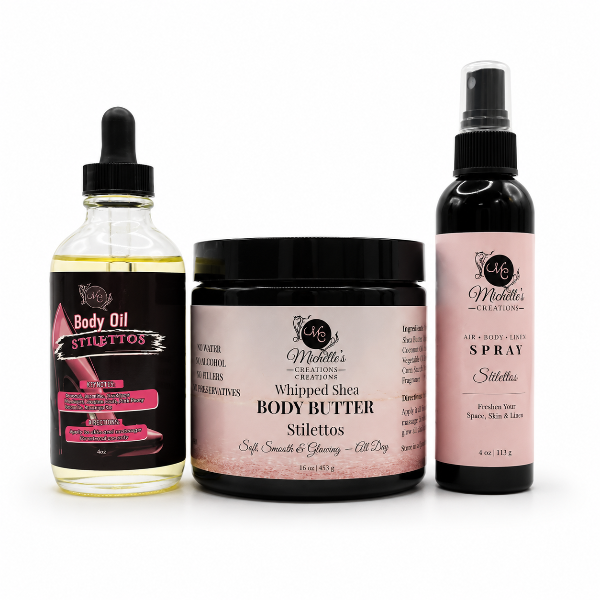 Body oil, whipped shea body butter, and body mist spray set—Stilettos