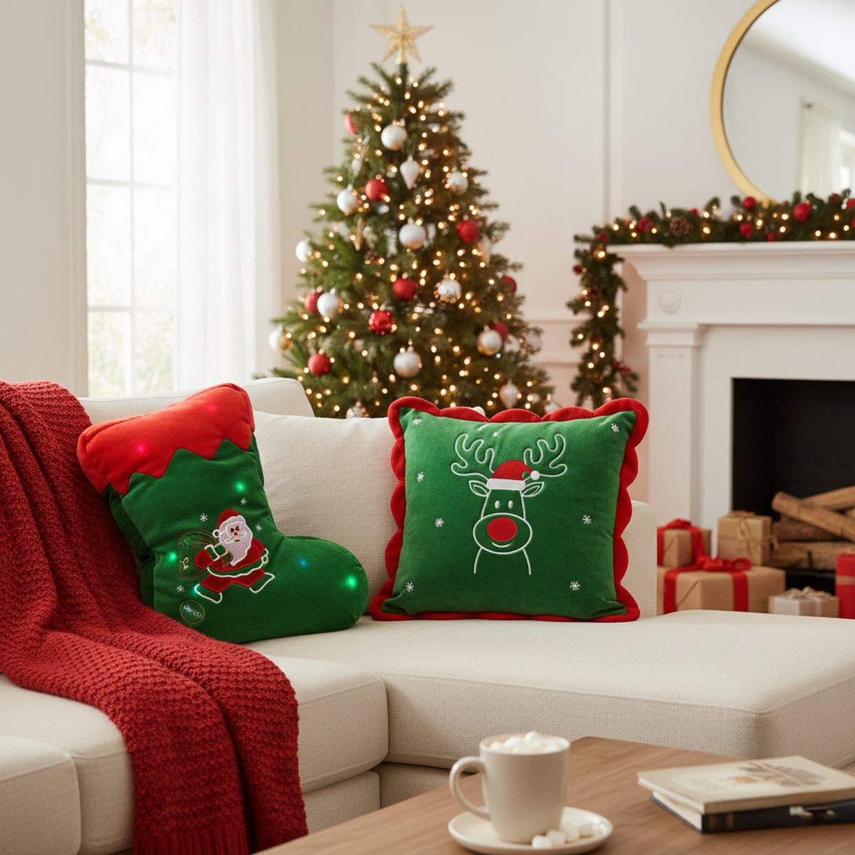 Green Christmas LED stocking pillow with Santa applique on a couch arm
