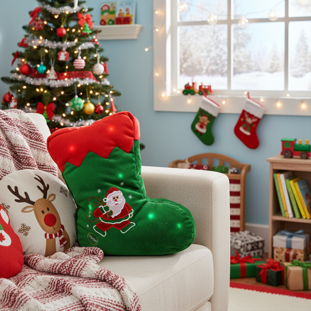 Green plush LED stocking throw pillow with Santa graphic and red cuff
