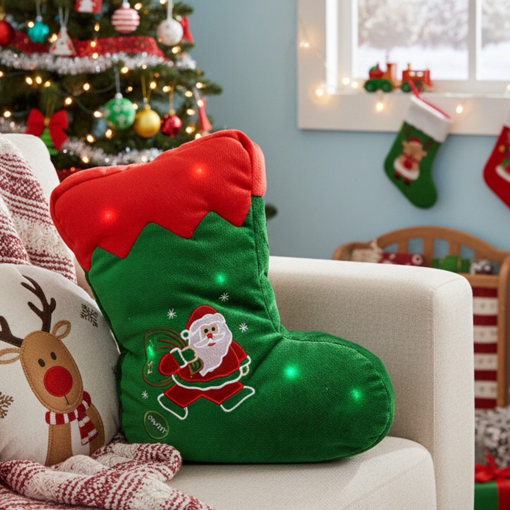 Green LED stocking pillow with Santa patch, red top, and glowing light dots