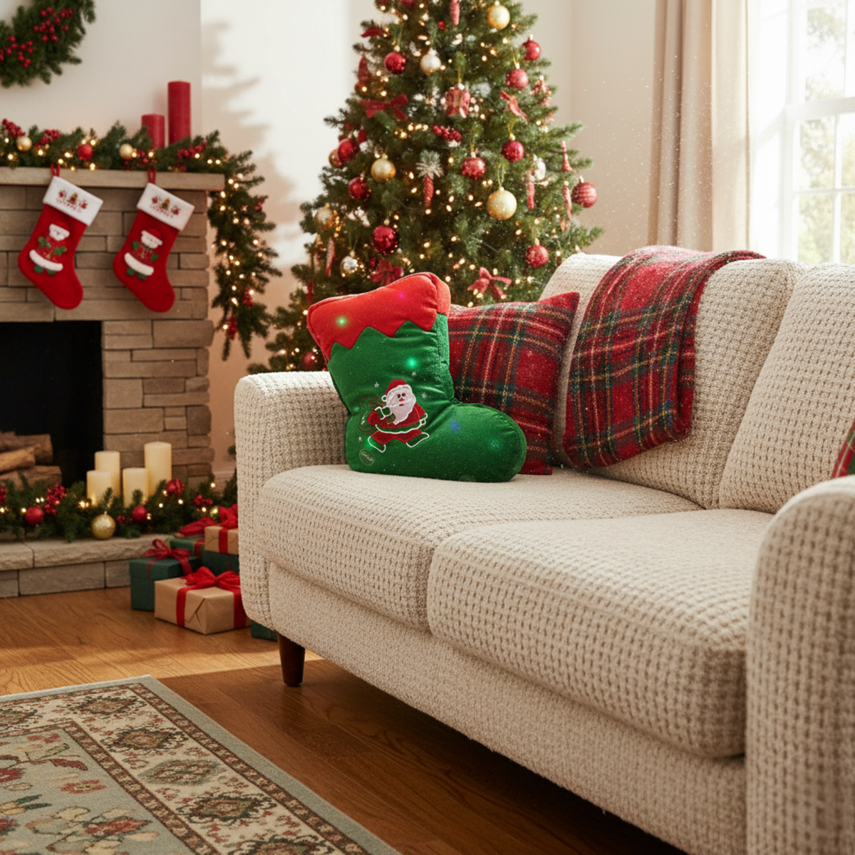 Green LED stocking pillow with Santa graphic and red cuff on a sofa
