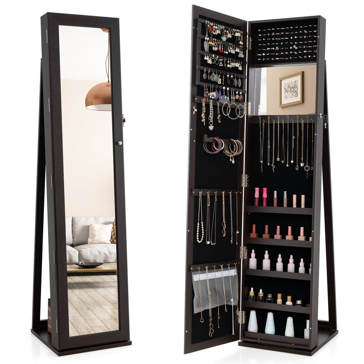Black standing jewelry cabinet with full-length mirror and organized shelves for bottles