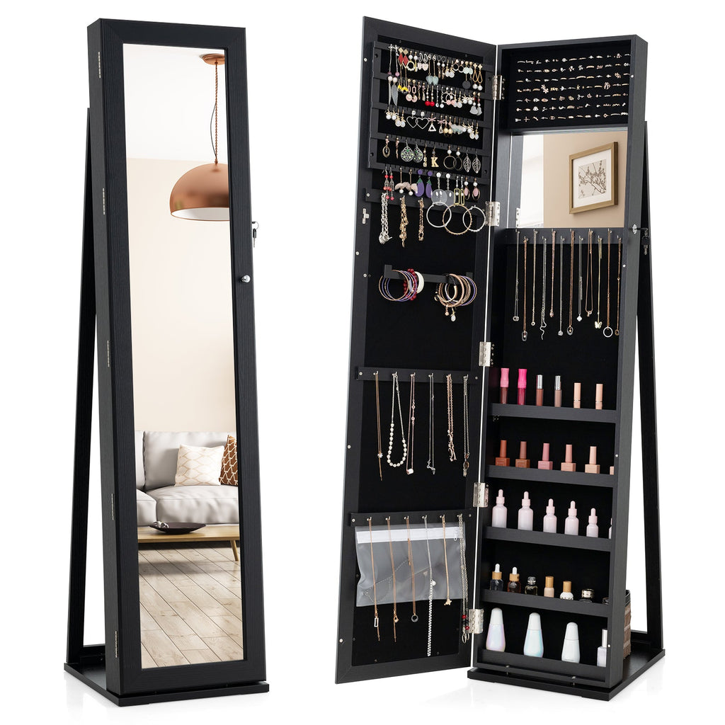 Black mirror jewelry cabinet with lockable doors and hanging hooks for necklaces