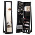 Black mirror jewelry cabinet with lockable doors and hanging hooks for necklaces