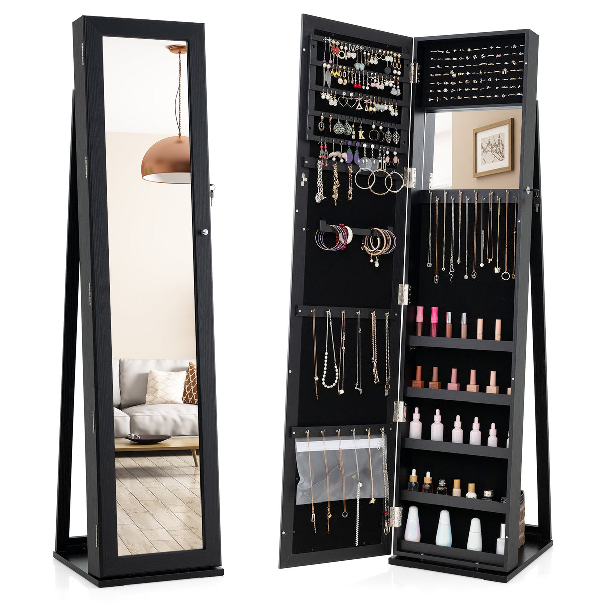 Black mirror jewelry cabinet with lockable doors and hanging hooks for necklaces