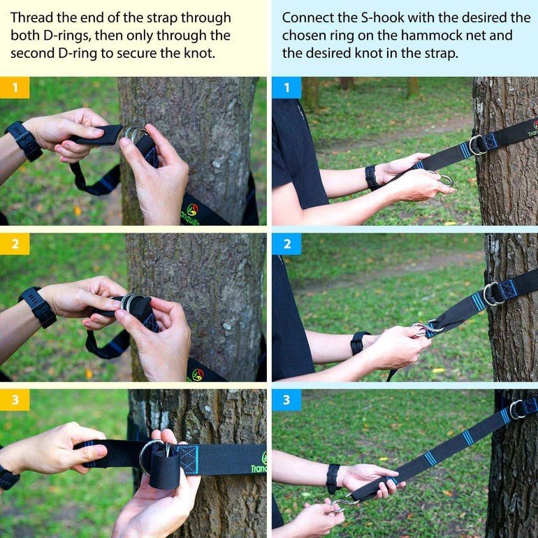 Green hammock chair strap with D-rings and S-hook connection for secure setup