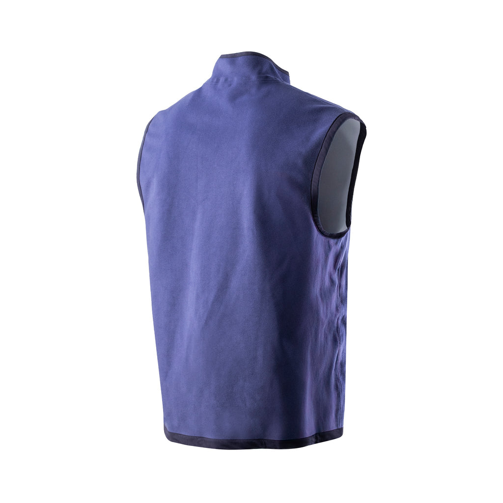 Men's cooling vest dark blue, back view with stand collar and zip closure, sleeveless