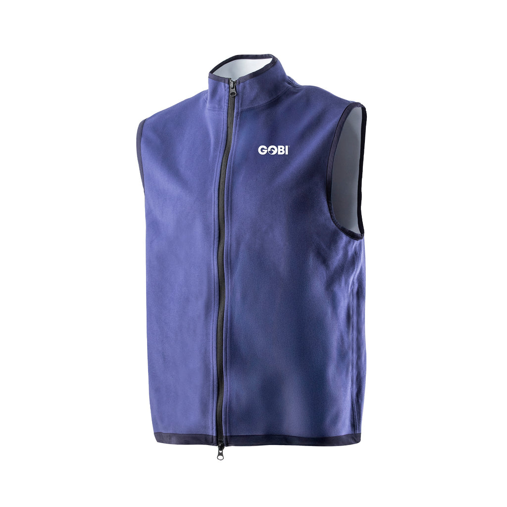 Men's cooling vest in dark blue with full-zip front and stand collar, sleeveless