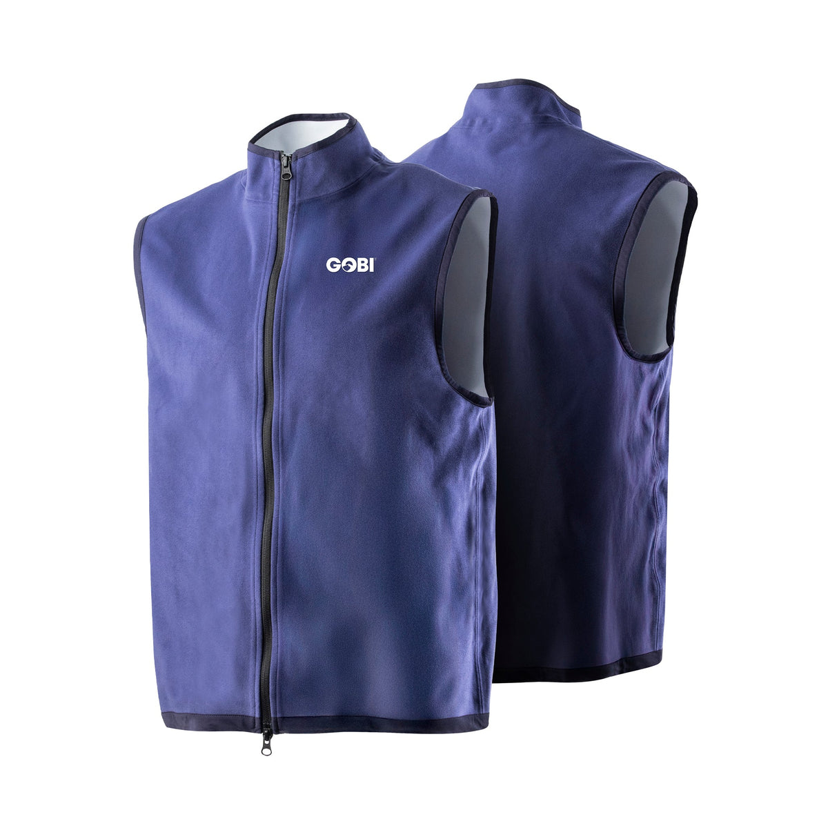 Men's dark blue cooling vest, front and back views with stand collar, zip front