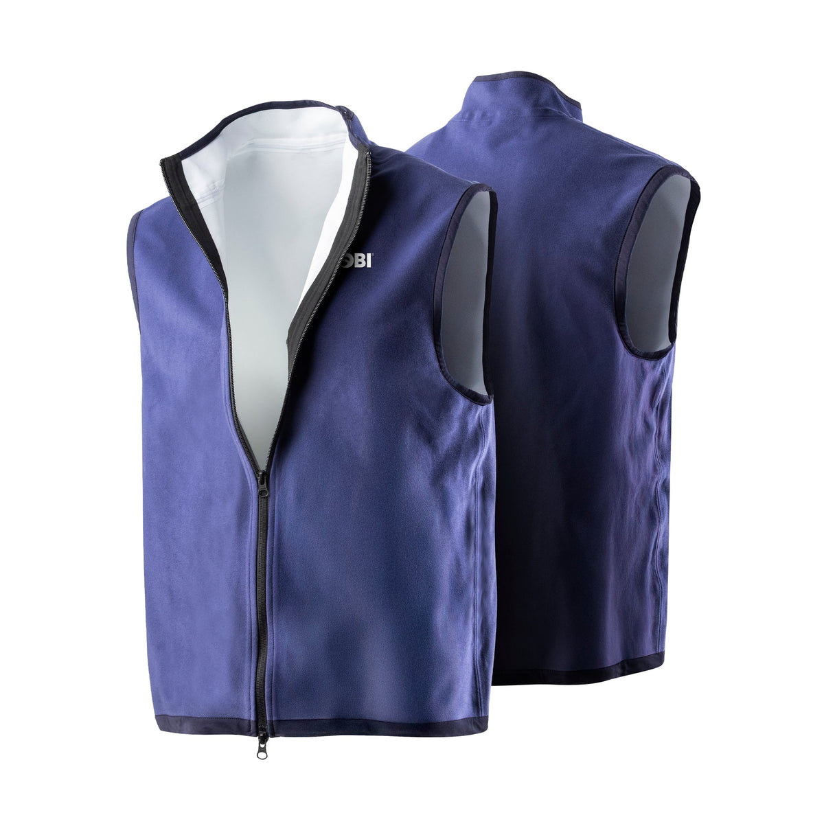 Men's dark blue cooling vest showing front and back, full-zip design, sleeveless