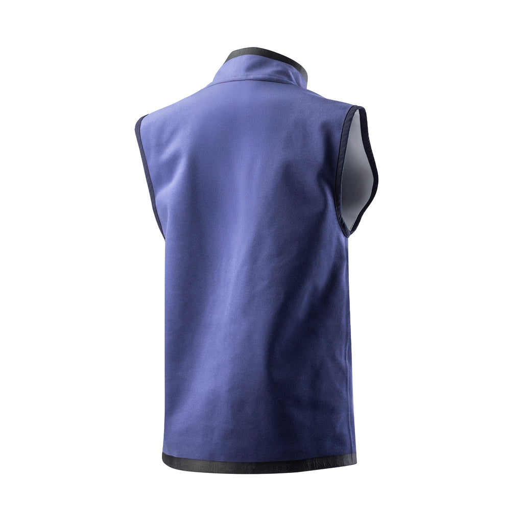 Blue women’s cooling vest from back view with stand collar and side armholes