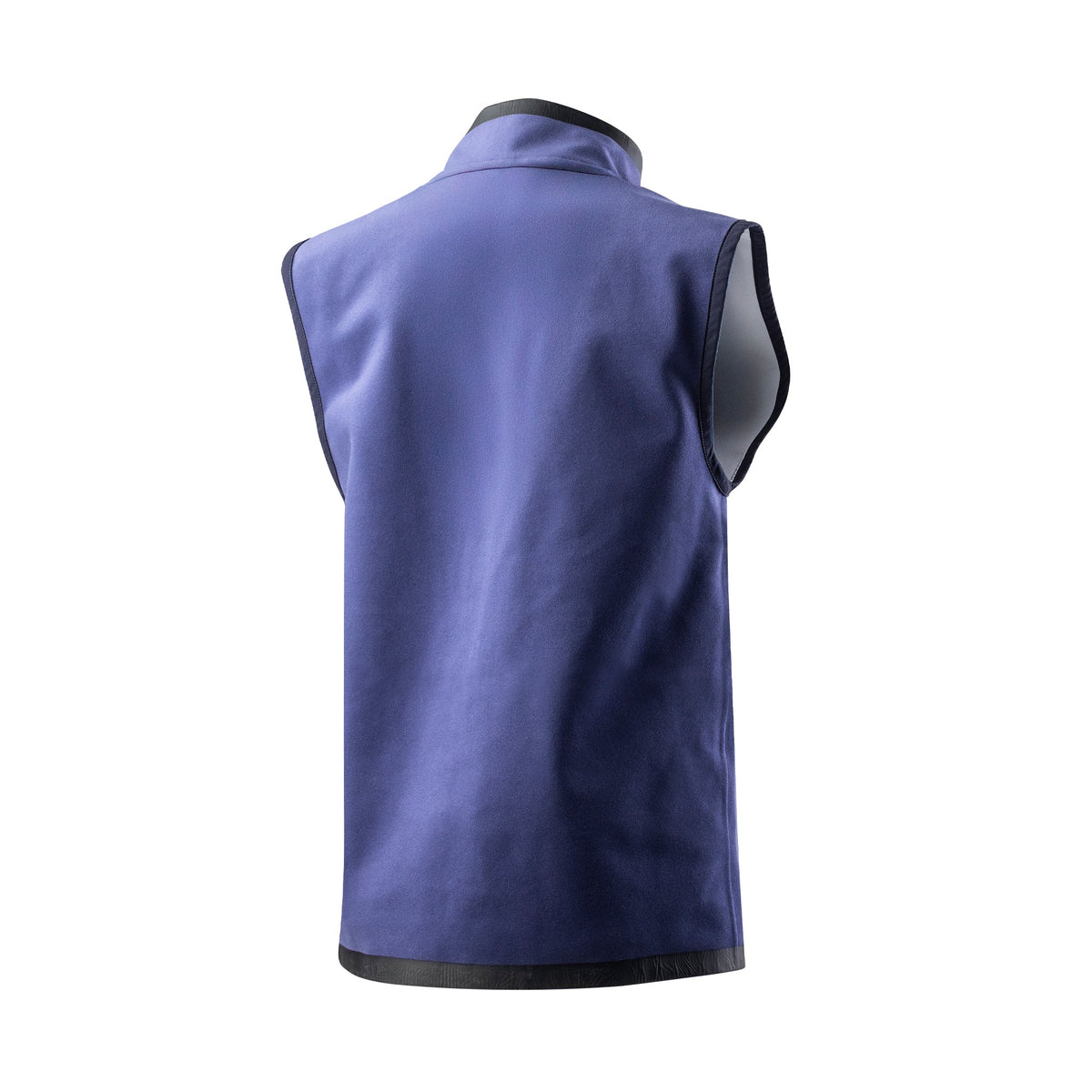 Blue women’s cooling vest from back view with stand collar and side armholes