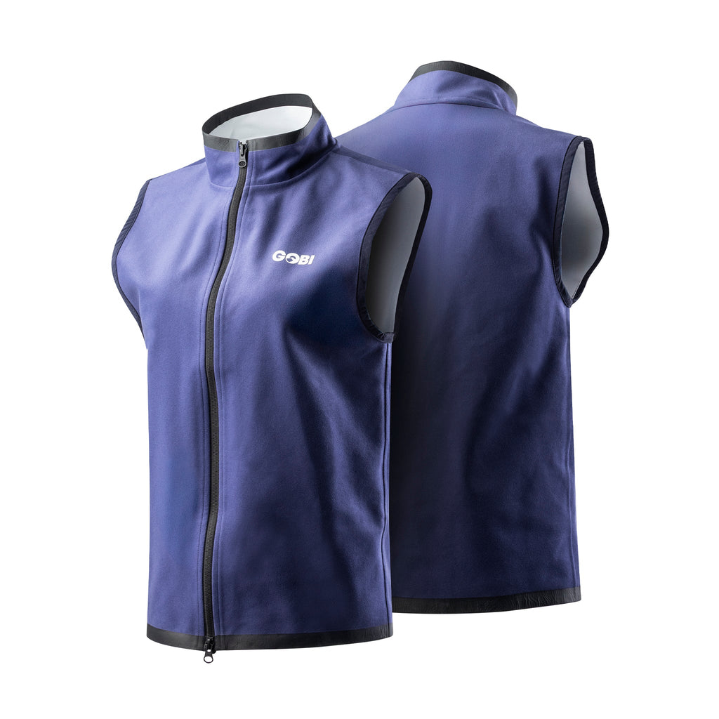 Blue women’s cooling vest front and back in one view with high collar and zip