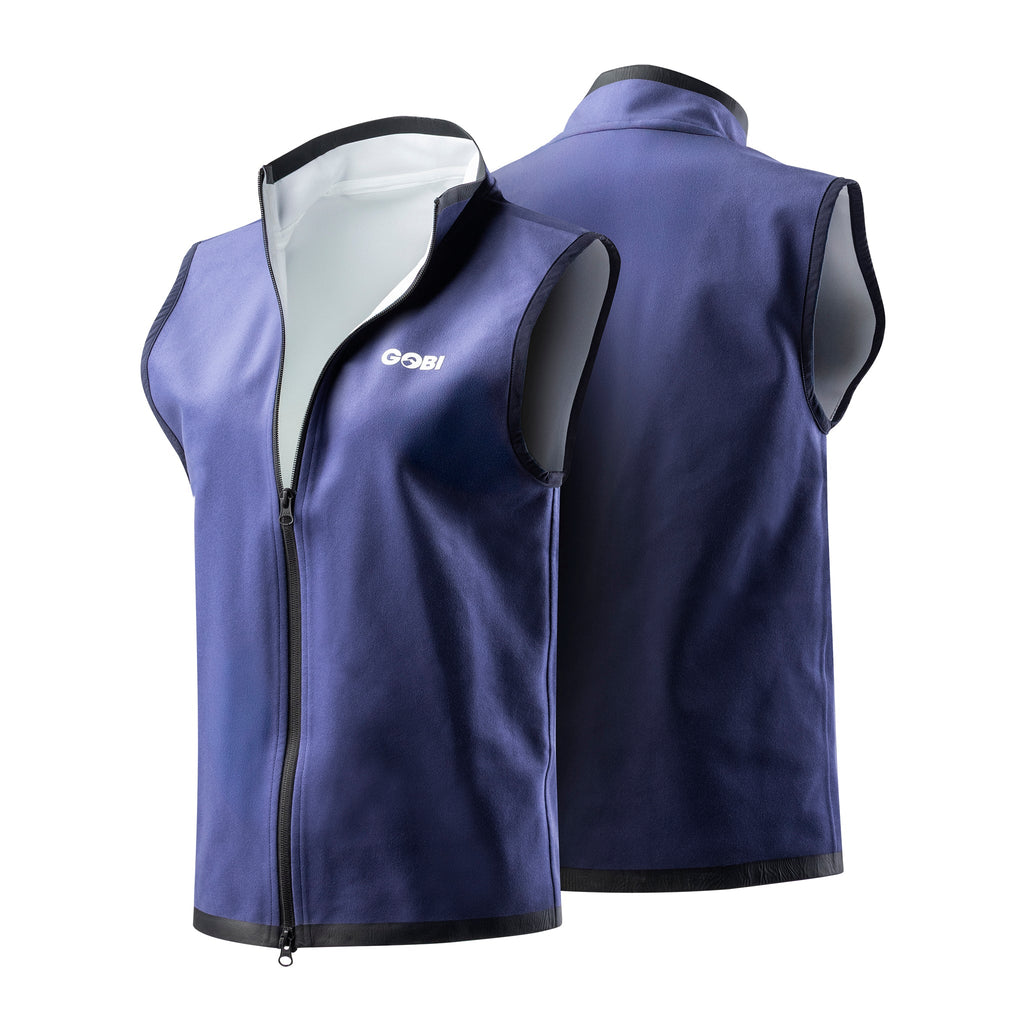 Blue cooling vest showing front zipper and open interior lining at the collar