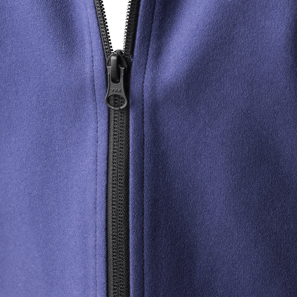 Blue cooling vest zipper and collar detail with black pull tab