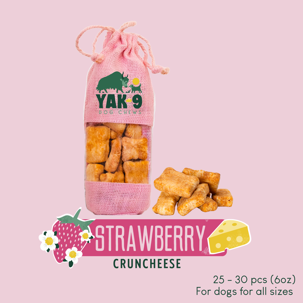 YAK 9 strawberry cheese cruncheese pouch with stacked orange treats