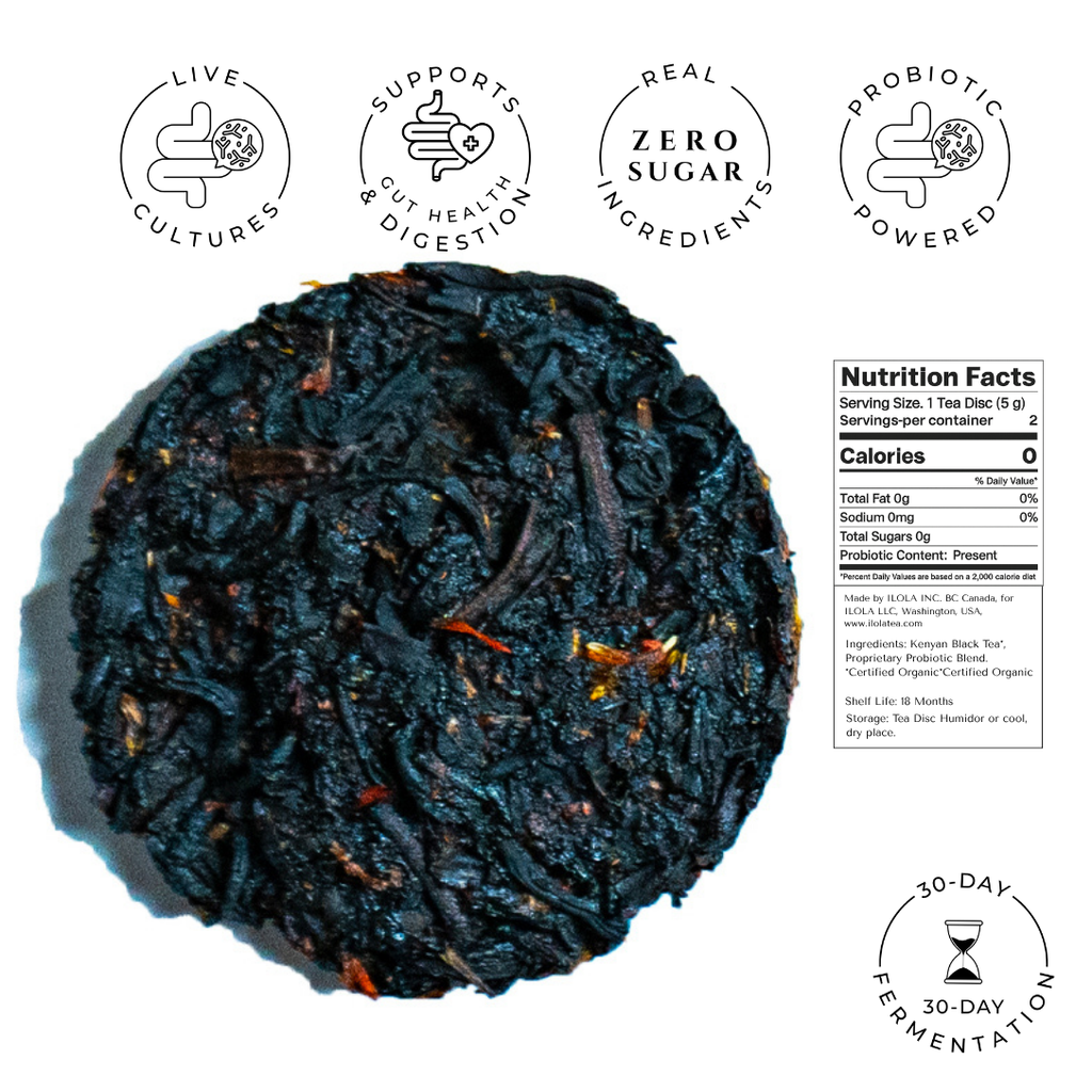 Strawberry Seduction compressed black tea disc with nutrition facts and product icons