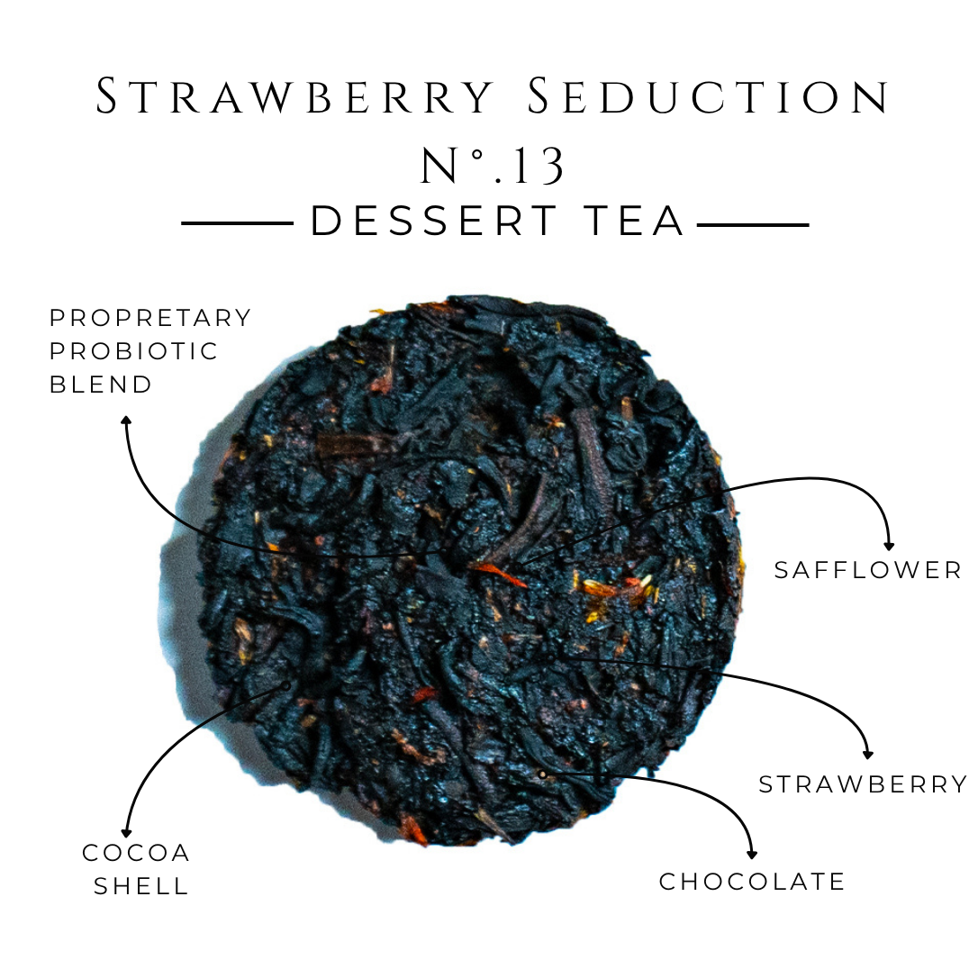 Strawberry Seduction black tea disc with safflower, strawberry, cocoa shell and chocolate labels