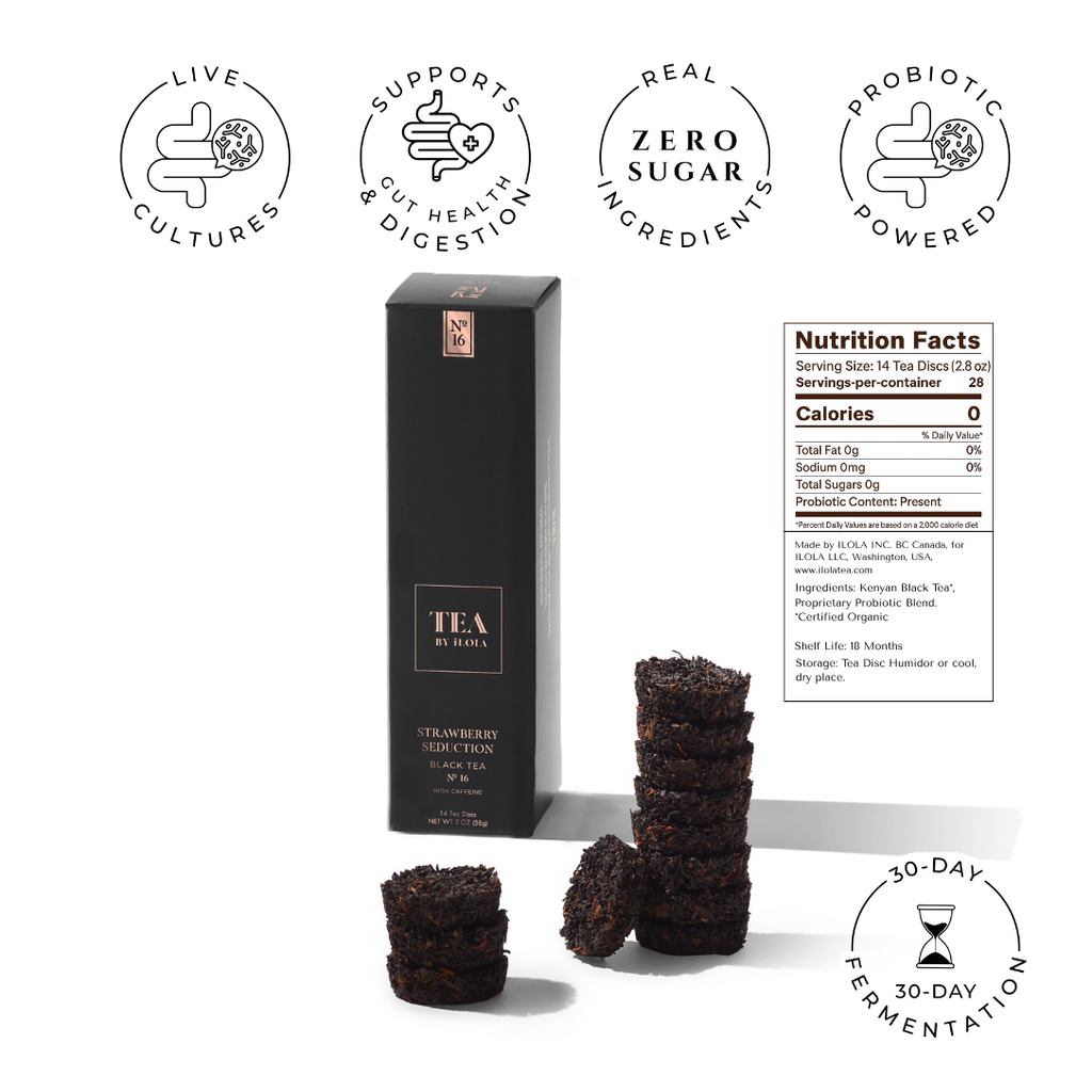 Strawberry Seduction black tea discs beside a black tea box