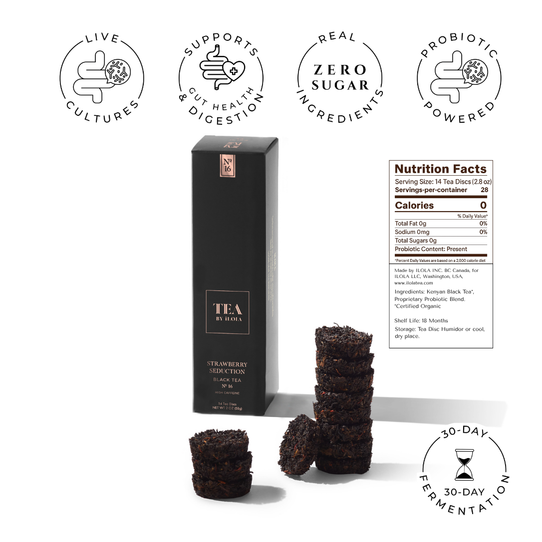 Strawberry Seduction black tea discs beside a black tea box
