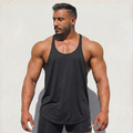 Dark charcoal stringer tank top with racerback neckline, sleeveless front view