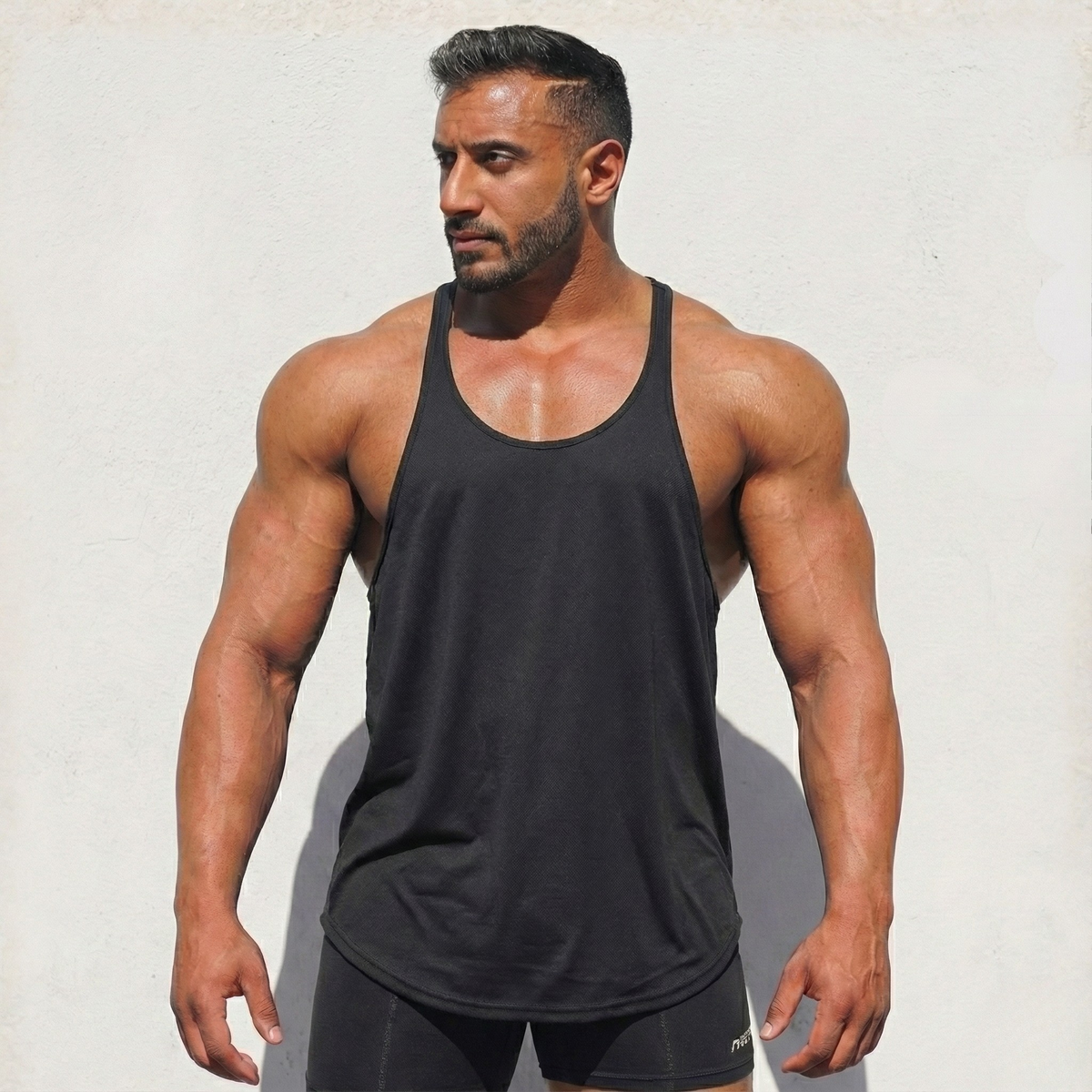 Dark charcoal stringer tank top with racerback neckline, sleeveless front view