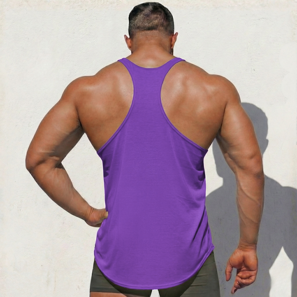 Purple stringer tank top with open racerback on the back