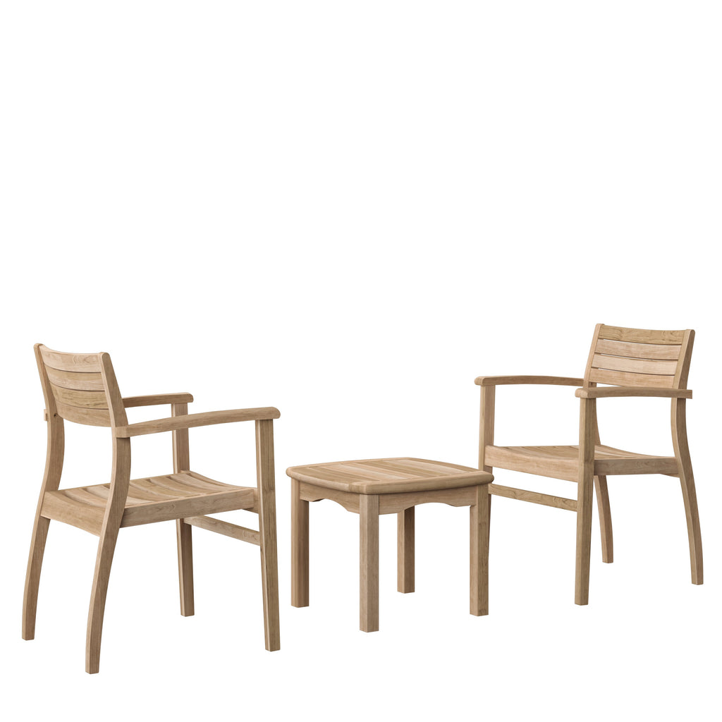 Teak armchairs with curved arms and slatted seats plus matching square side table
