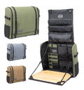 Sage green mobile camp kitchen bag with bamboo cutting board, open and folded views