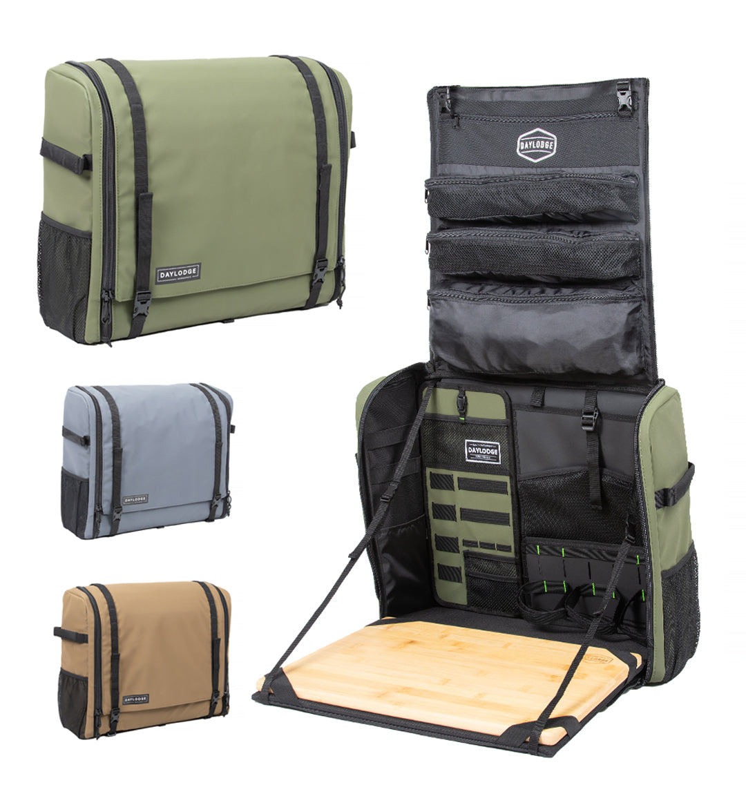 Sage green mobile camp kitchen bag with bamboo cutting board, open and folded views