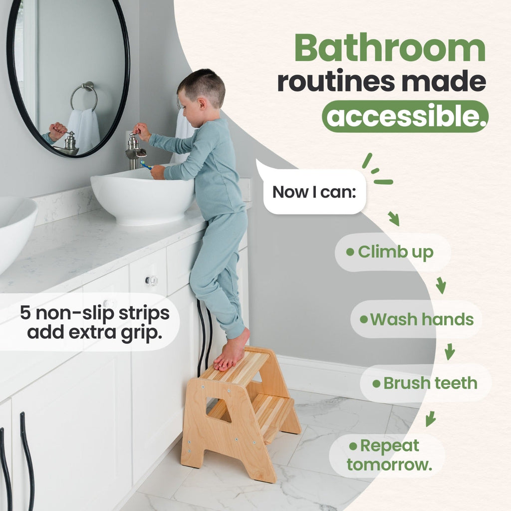 Natural wood 2-step toddler stool with non-slip strips and cutout hand grips