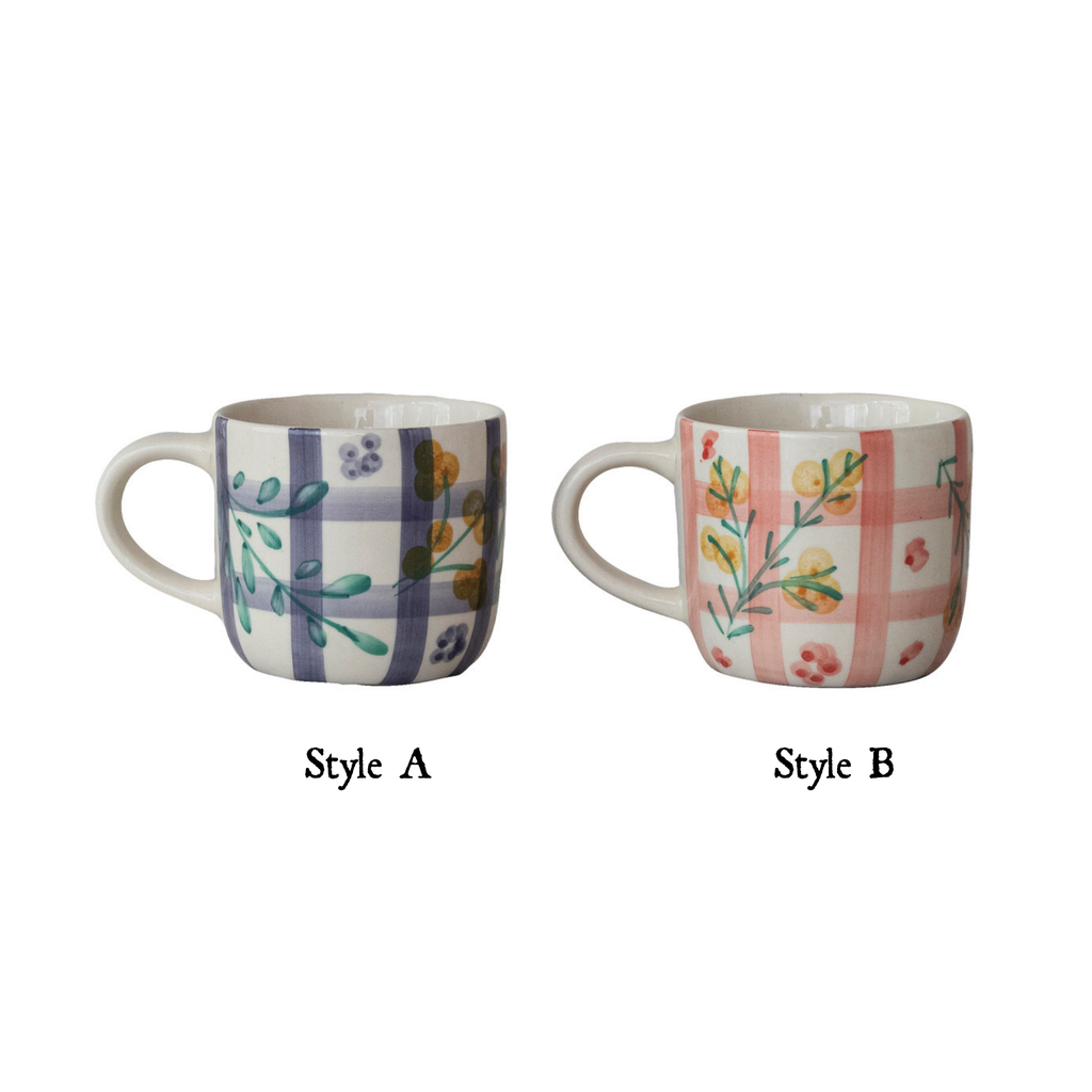 Ceramic mug pair: Style A blue botanical grid and Style B pink floral check pattern