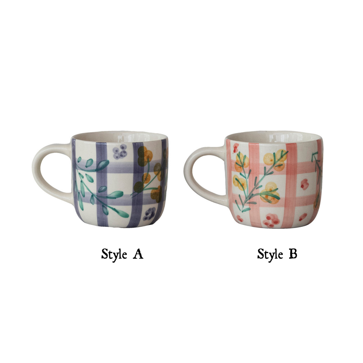 Ceramic mug pair: Style A blue botanical grid and Style B pink floral check pattern