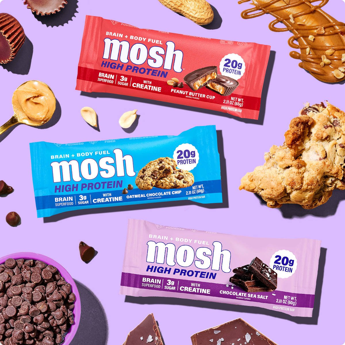 Assorted Mosh high-protein bars laid out in peanut butter, chocolate sea salt, and oatmeal