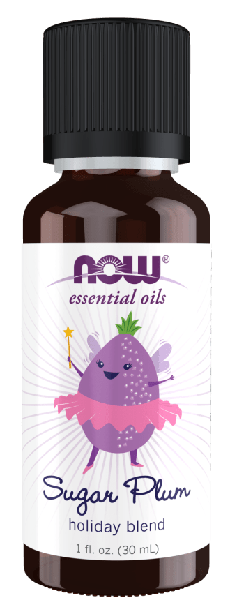 Sugar Plum essential oil blend bottle with purple plum label and black cap