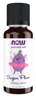 Sugar Plum essential oil blend bottle with purple plum label and black cap