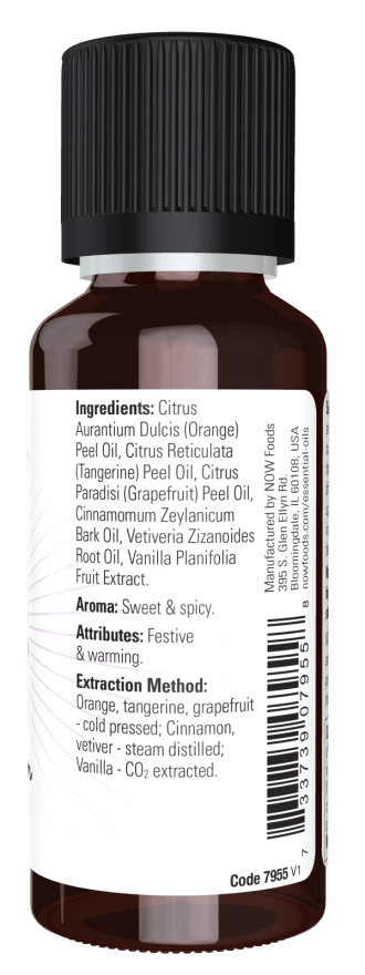 Essential oil blend bottle back label with ingredients and barcode, black cap