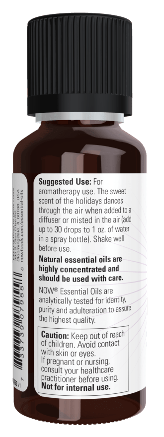 Essential oil blend bottle with suggested use and caution text, black cap