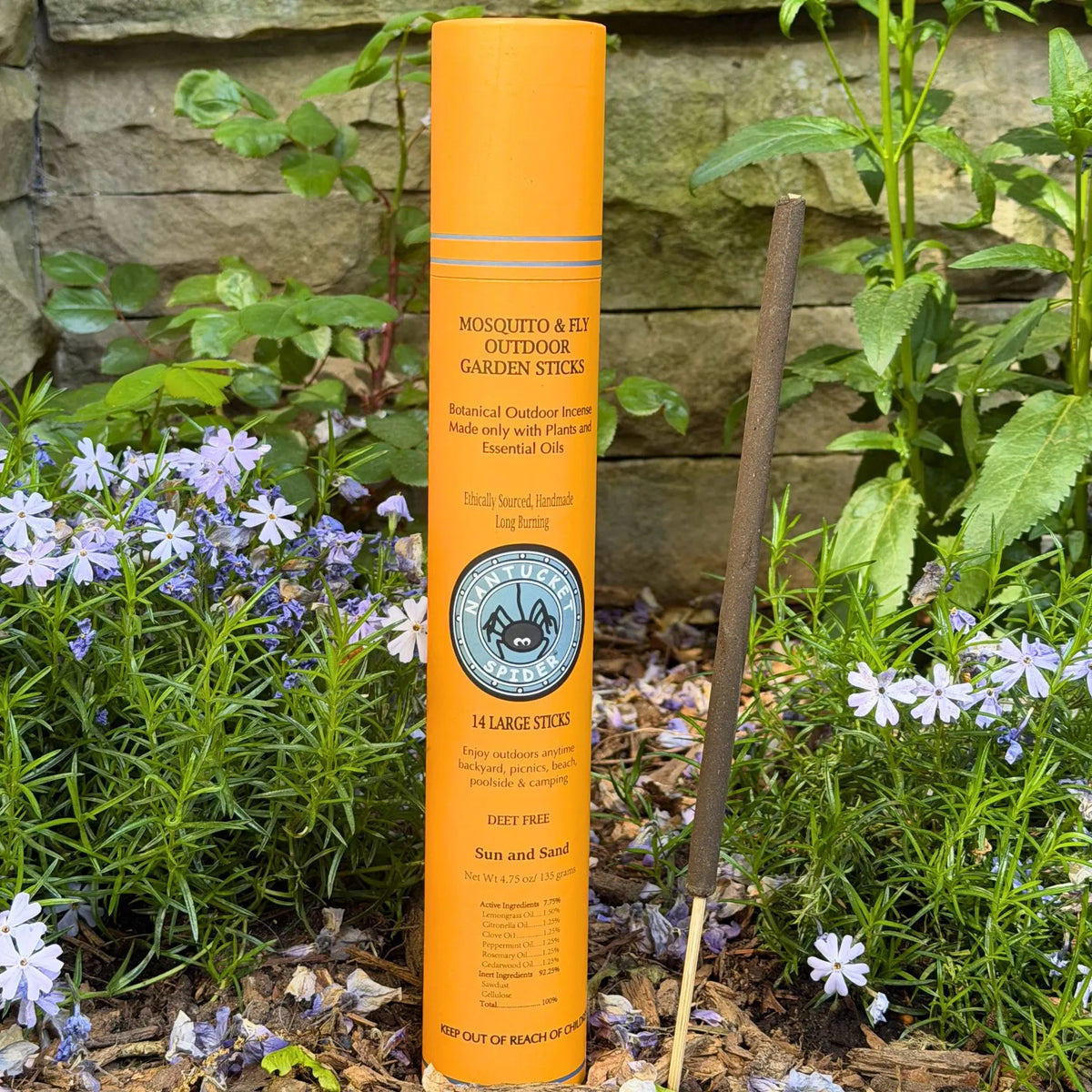 Sun and Sand outdoor garden incense sticks tube, yellow cylinder with incense stick