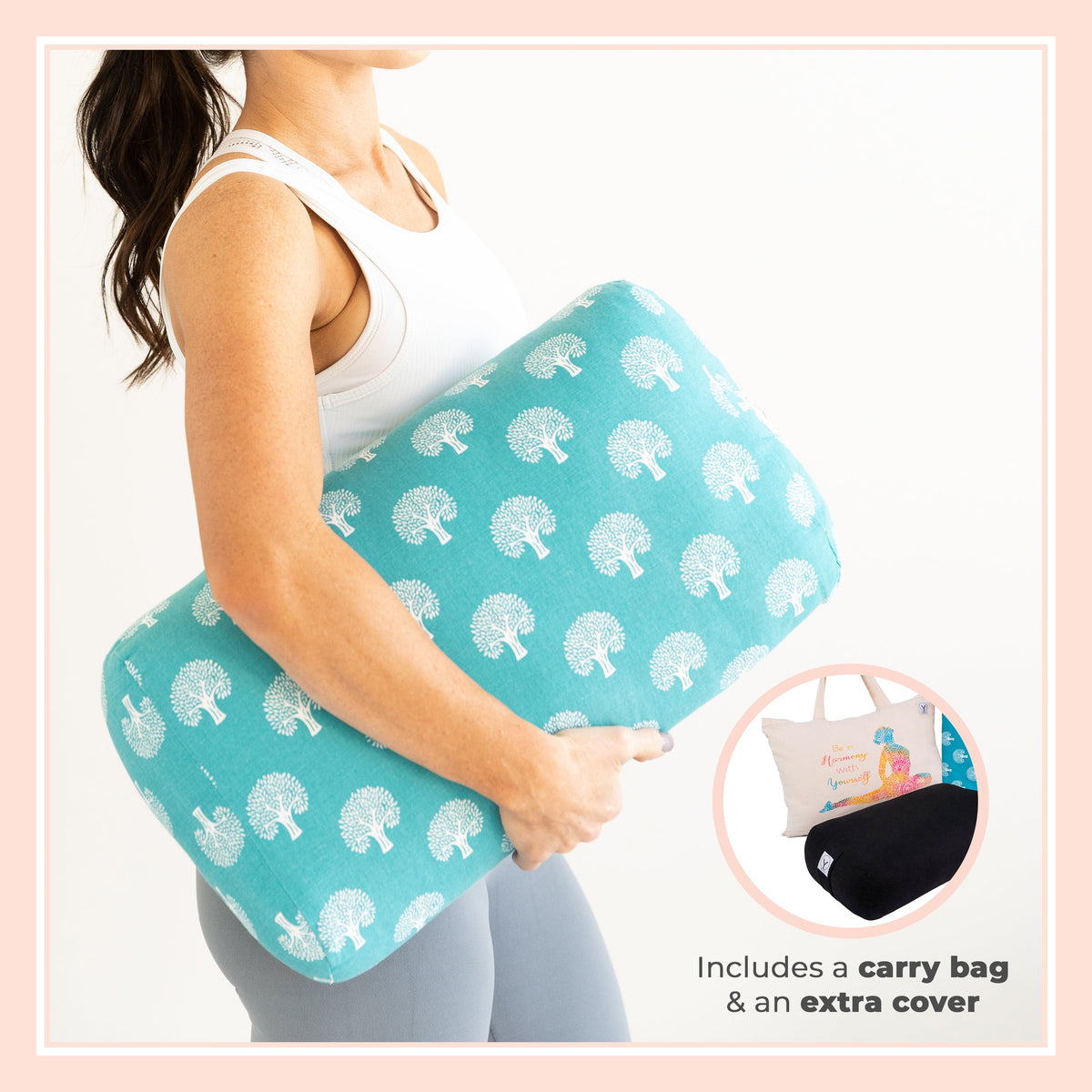 Blue-green elephant-print yoga bolster cover with black bolster insert and carry bag