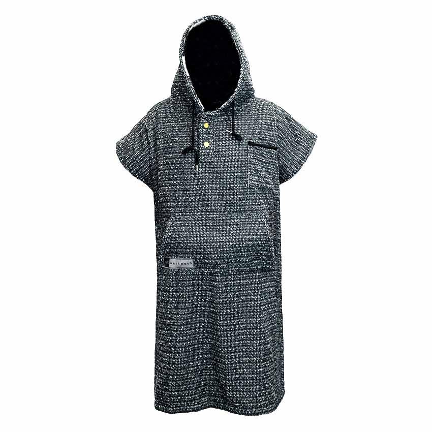 Dark heather knit blanket hoodie with hood, short sleeves and front button placket